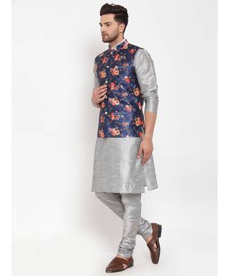 Men Silver & Blue Kurta with Churidar & Printed Nehru Jacket 3