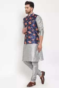 Men Silver & Blue Kurta with Churidar & Printed Nehru Jacket