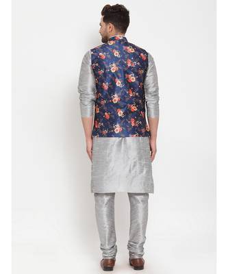 Men Silver & Blue Kurta with Churidar & Printed Nehru Jacket 4