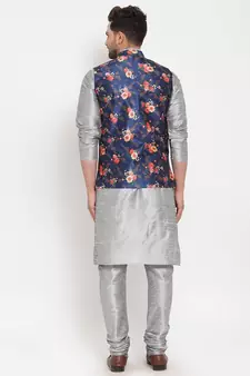 Men Silver & Blue Kurta with Churidar & Printed Nehru Jacket