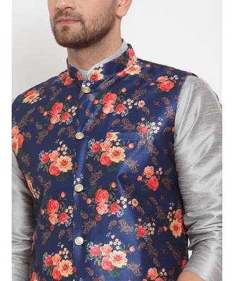 Men Silver & Blue Kurta with Churidar & Printed Nehru Jacket 5