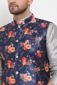 Men Silver & Blue Kurta with Churidar & Printed Nehru Jacket