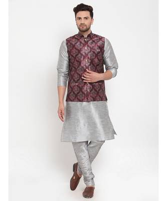 Men Silver & Maroon Kurta with Churidar & Printed Nehru Jacket 1