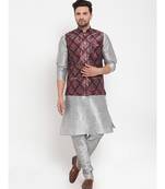 Men Silver & Maroon Kurta with Churidar & Printed Nehru Jacket