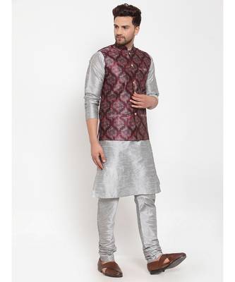 Men Silver & Maroon Kurta with Churidar & Printed Nehru Jacket 2