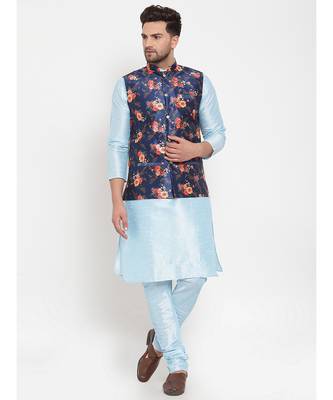 Men Turquoiseblue & Blue Kurta with Churidar & Printed Nehru Jacket 1