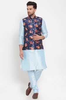 Men Turquoiseblue & Blue Kurta with Churidar & Printed Nehru Jacket