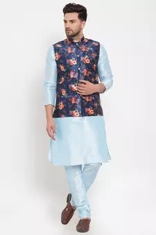 Men Turquoiseblue & Blue Kurta with Churidar & Printed Nehru Jacket