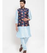 Men Turquoiseblue & Blue Kurta with Churidar & Printed Nehru Jacket