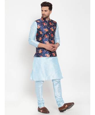 Men Turquoiseblue & Blue Kurta with Churidar & Printed Nehru Jacket 2