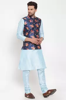 Men Turquoiseblue & Blue Kurta with Churidar & Printed Nehru Jacket