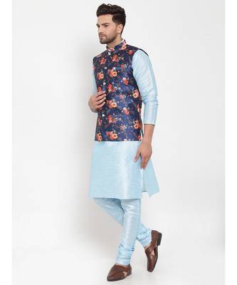 Men Turquoiseblue & Blue Kurta with Churidar & Printed Nehru Jacket 3