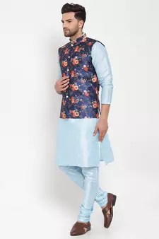 Men Turquoiseblue & Blue Kurta with Churidar & Printed Nehru Jacket