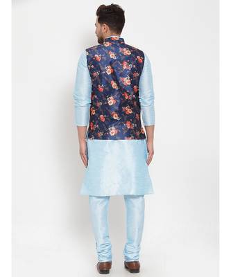 Men Turquoiseblue & Blue Kurta with Churidar & Printed Nehru Jacket 4