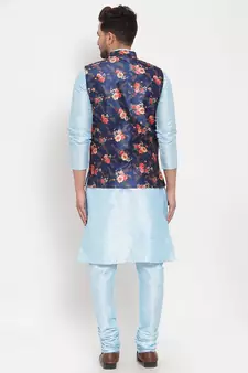 Men Turquoiseblue & Blue Kurta with Churidar & Printed Nehru Jacket