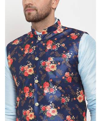 Men Turquoiseblue & Blue Kurta with Churidar & Printed Nehru Jacket 5