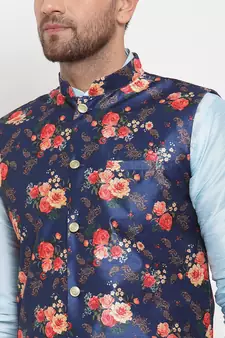 Men Turquoiseblue & Blue Kurta with Churidar & Printed Nehru Jacket