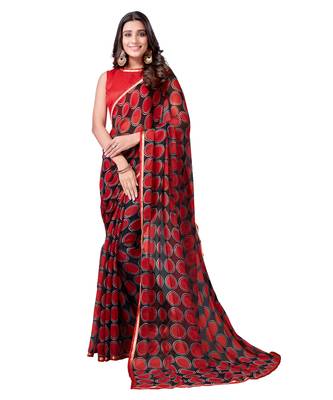 Red printed chiffon saree with blouse 1
