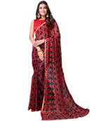 Red printed chiffon saree with blouse