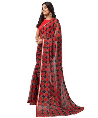Red printed chiffon saree with blouse 2