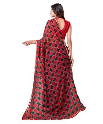 Red printed chiffon saree with blouse 3