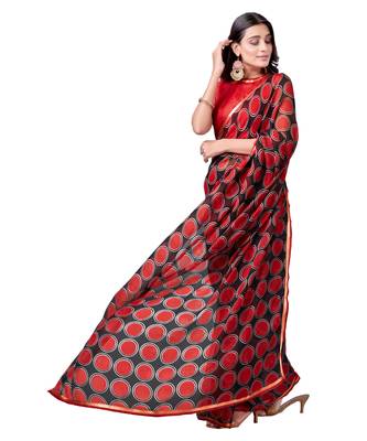 Red printed chiffon saree with blouse 4
