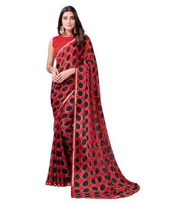 Red printed chiffon saree with blouse 1
