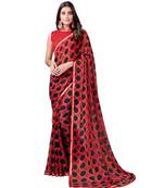 Red printed chiffon saree with blouse