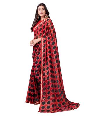 Red printed chiffon saree with blouse 2