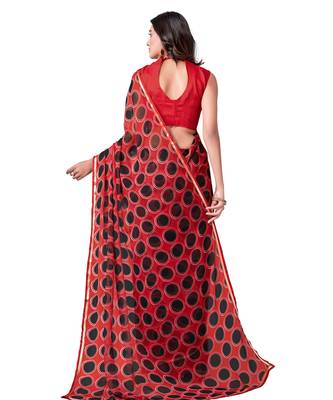 Red printed chiffon saree with blouse 3