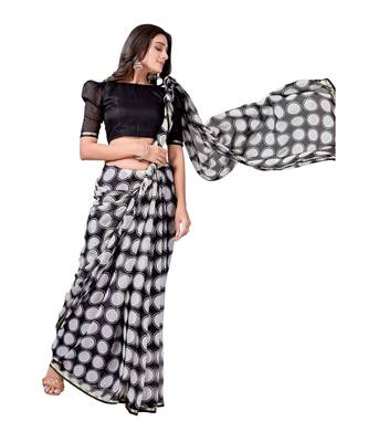 Black printed chiffon saree with blouse 4