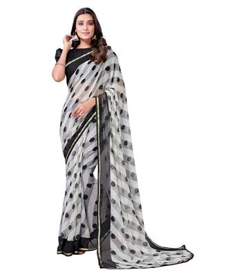 White printed chiffon saree with blouse 1