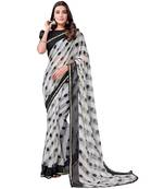 White printed chiffon saree with blouse