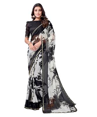 White printed chiffon saree with blouse 1