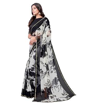 White printed chiffon saree with blouse 2