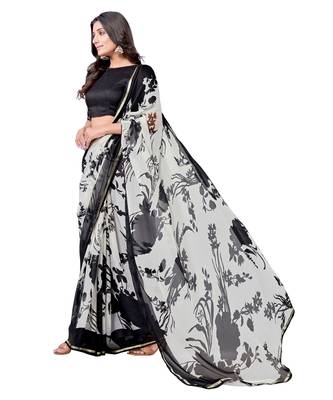 White printed chiffon saree with blouse 4