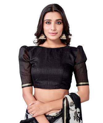 White printed chiffon saree with blouse 5