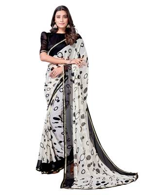 White printed chiffon saree with blouse 1