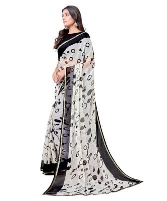 White printed chiffon saree with blouse 2
