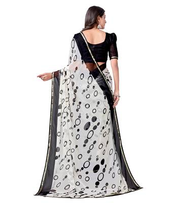 White printed chiffon saree with blouse 3