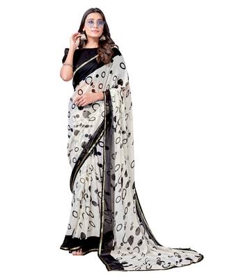 White printed chiffon saree with blouse 4