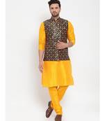 Men yellow & Green Kurta with Churidar & Printed Nehru Jacket