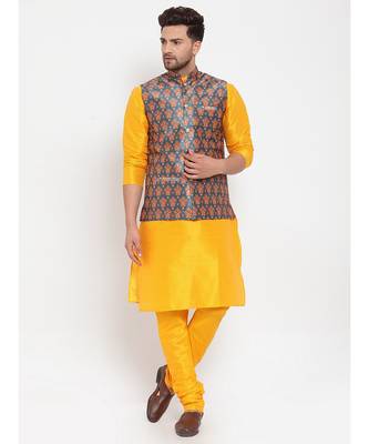 Men yellow & Teal Kurta with Churidar & Printed Nehru Jacket 1