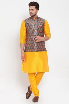 Men yellow & Teal Kurta with Churidar & Printed Nehru Jacket