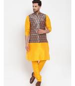 Men yellow & Teal Kurta with Churidar & Printed Nehru Jacket