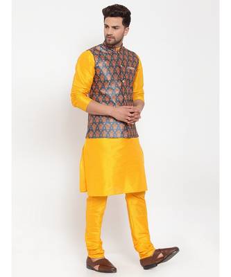 Men yellow & Teal Kurta with Churidar & Printed Nehru Jacket 2