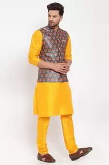 Men yellow & Teal Kurta with Churidar & Printed Nehru Jacket