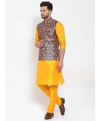 Men yellow & Teal Kurta with Churidar & Printed Nehru Jacket 3