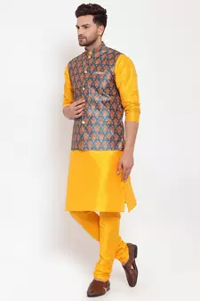 Men yellow & Teal Kurta with Churidar & Printed Nehru Jacket