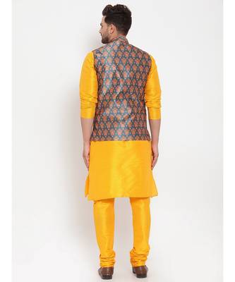 Men yellow & Teal Kurta with Churidar & Printed Nehru Jacket 4